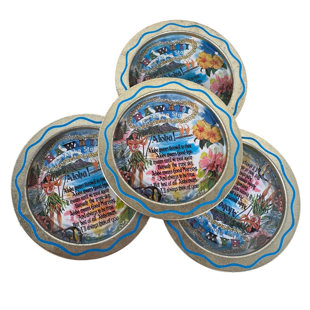 Vintage Hula Girl Hawaii Souvenir Gold Aloha Poetry Tropical Tiki Coaster Set